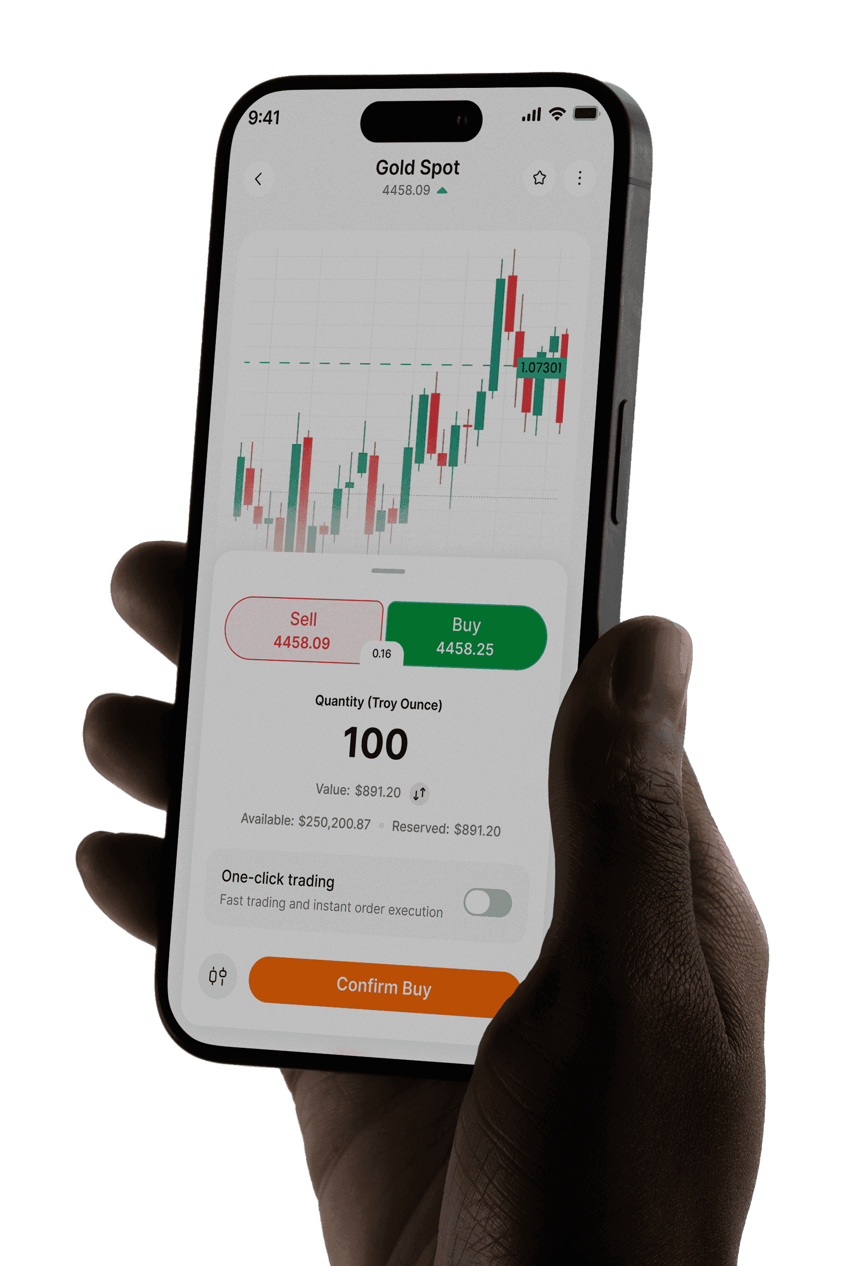 A hand holds a smartphone displaying a stock trading app with a candlestick chart.